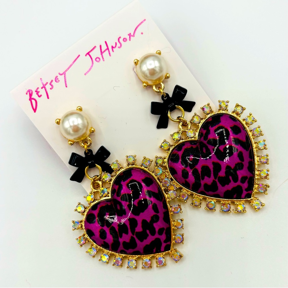 Betsey Johnson Bright Pink Leopard Heart Earrings